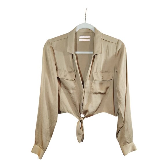 Urban Outfitters Logan Cropped Satin Tie-Front Button-Down Top Women's Small - Picture 3 of 8